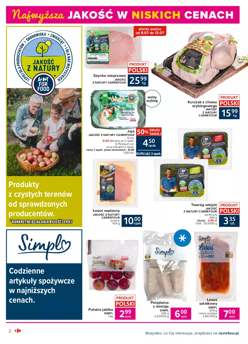 Gazetka promocyjna Carrefour - Gazetka Produkt Carrefour - ważna 05.07 do 17.07.2021 - strona 2 - produkty: Artykuły spożywcze, Jabłka, Jaja, Kosz, Kurczak, Mintaj, Polędwica, Sałat, Szynka, Szynka wieprzowa, Twaróg