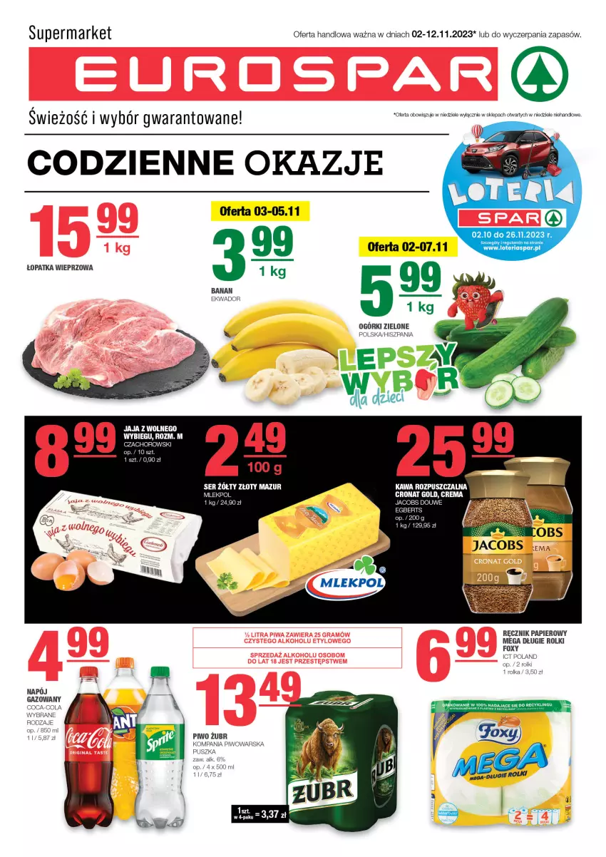 Gazetka promocyjna Spar - EuroSpar - ważna 29.10 do 08.11.2023 - strona 1 - produkty: Coca-Cola, Foxy, Jacobs, Jaja, Jaja z wolnego wybiegu, Kawa, Kawa rozpuszczalna, Papier, Piwo, Ręcznik, Rolki, Ser, Złoty Mazur