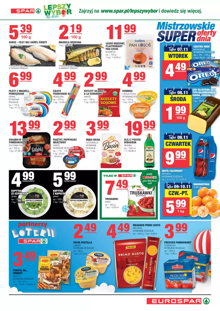 Gazetka promocyjna Spar - EuroSpar - ważna 29.10 do 08.11.2023 - strona 5 - produkty: Basia, Dorsz, Fa, Gra, Graal, Hummus, Kopytka, Kotlet, Kuchnia, Mąka, Monini, Mus, Napój, Napój gazowany, Olej, Papryka, Paprykarz, Pasztet, Pepsi, Sante, Sos, Stek, Suempol, Szpinak, Truskawki, Wino