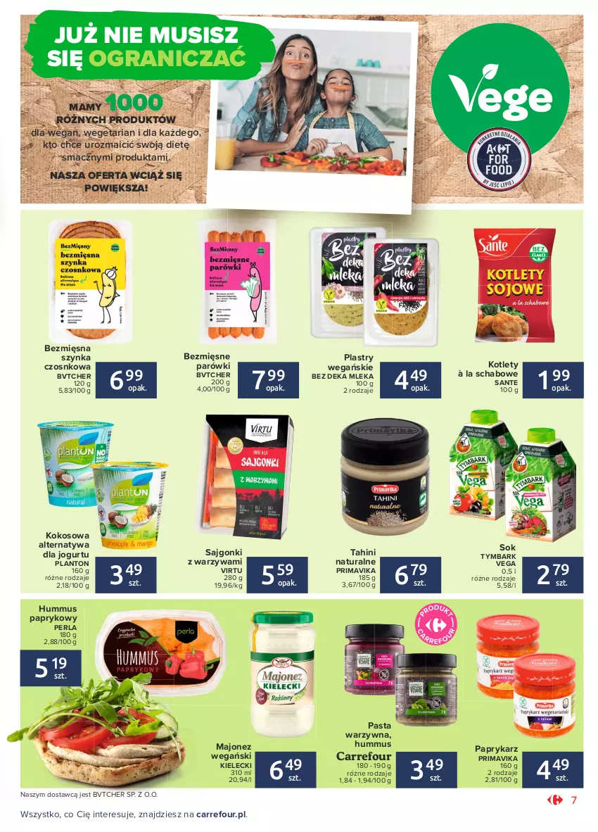 Gazetka promocyjna Carrefour - Gazetka Otwieramy się na nowe oczekiwania - ważna 25.05 do 05.06.2021 - strona 7 - produkty: Gra, Hummus, Jogurt, Kokos, Kotlet, Majonez, Mus, Papryka, Paprykarz, Parówki, Pasta warzywna, Prima, Primavika, Sajgonki, Sante, Sok, Szynka, Tymbark, Virtu, Warzywa