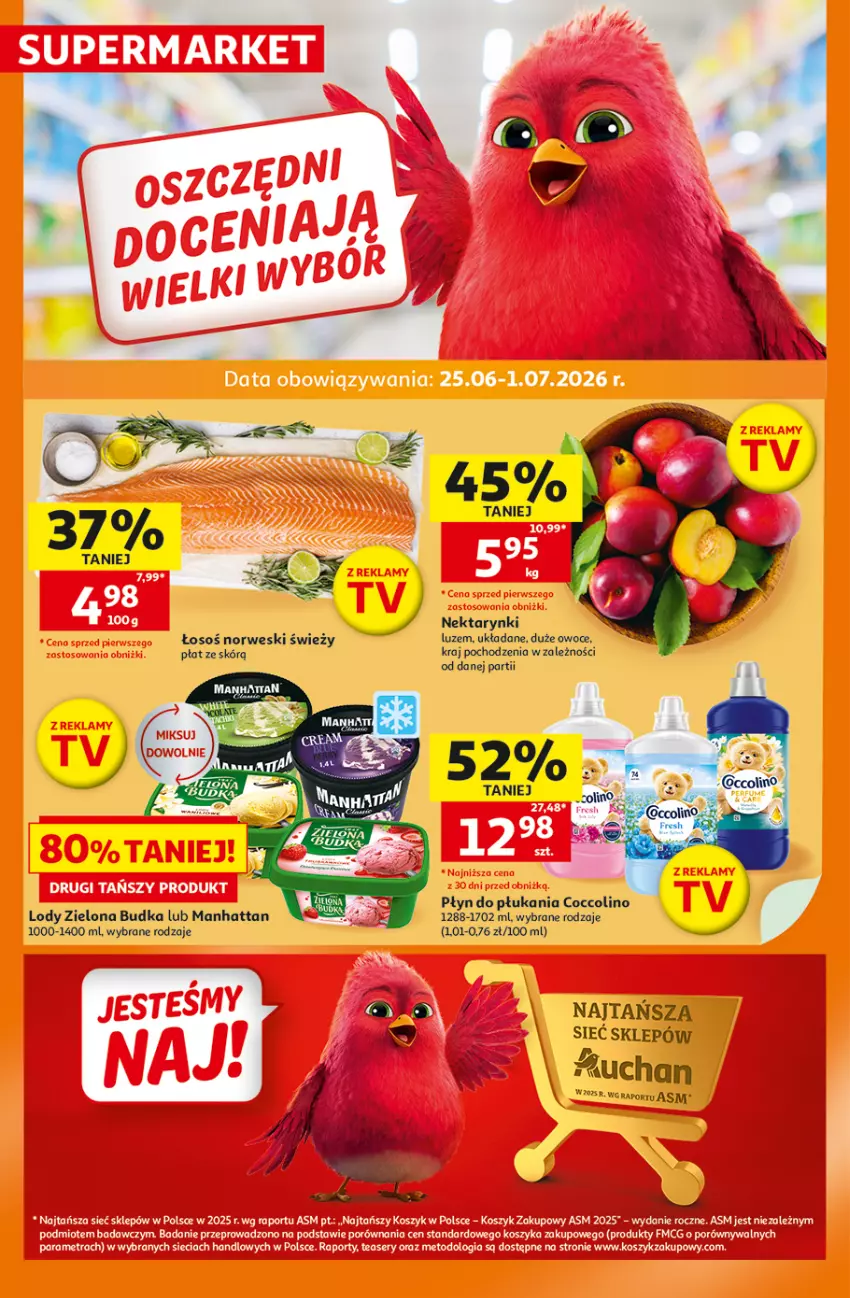 Gazetka promocyjna Auchan - Gazetka 30 Lat Supermarket Auchan - ważna 25.06 do 01.07.2026 - strona 1 - produkty: Coccolino, Kosz, Lody, Nektar, Odol, Owoce, Płyn do płukania, Por, Ser, Zielona Budka
