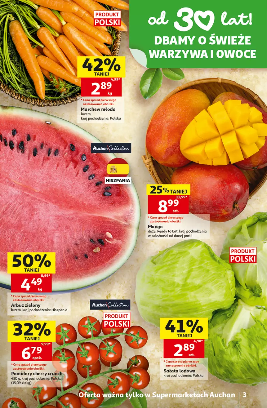 Gazetka promocyjna Auchan - Gazetka 30 Lat Supermarket Auchan - ważna 25.06 do 01.07.2026 - strona 3 - produkty: Arbuz, Mango, Owoce, Pomidory, Sałat, Sałata lodowa, Warzywa, Warzywa i owoce