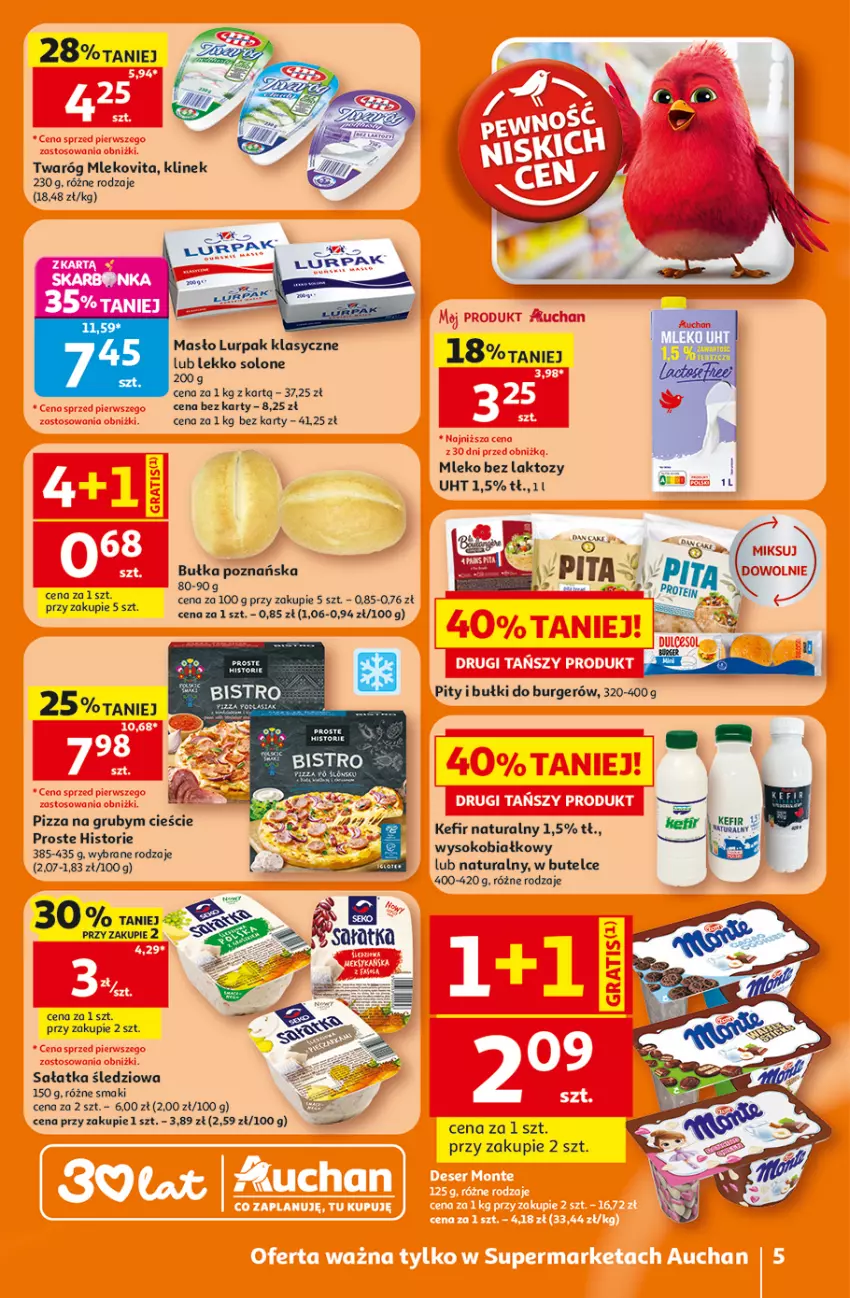 Gazetka promocyjna Auchan - Gazetka 30 Lat Supermarket Auchan - ważna 25.06 do 01.07.2026 - strona 5 - produkty: Bułka, Kefir, Kefir naturalny, Lurpak, Masło, Mleko, Mleko bez laktozy, Mlekovita, Pizza, Sałat, Sałatka, Sok, Twaróg