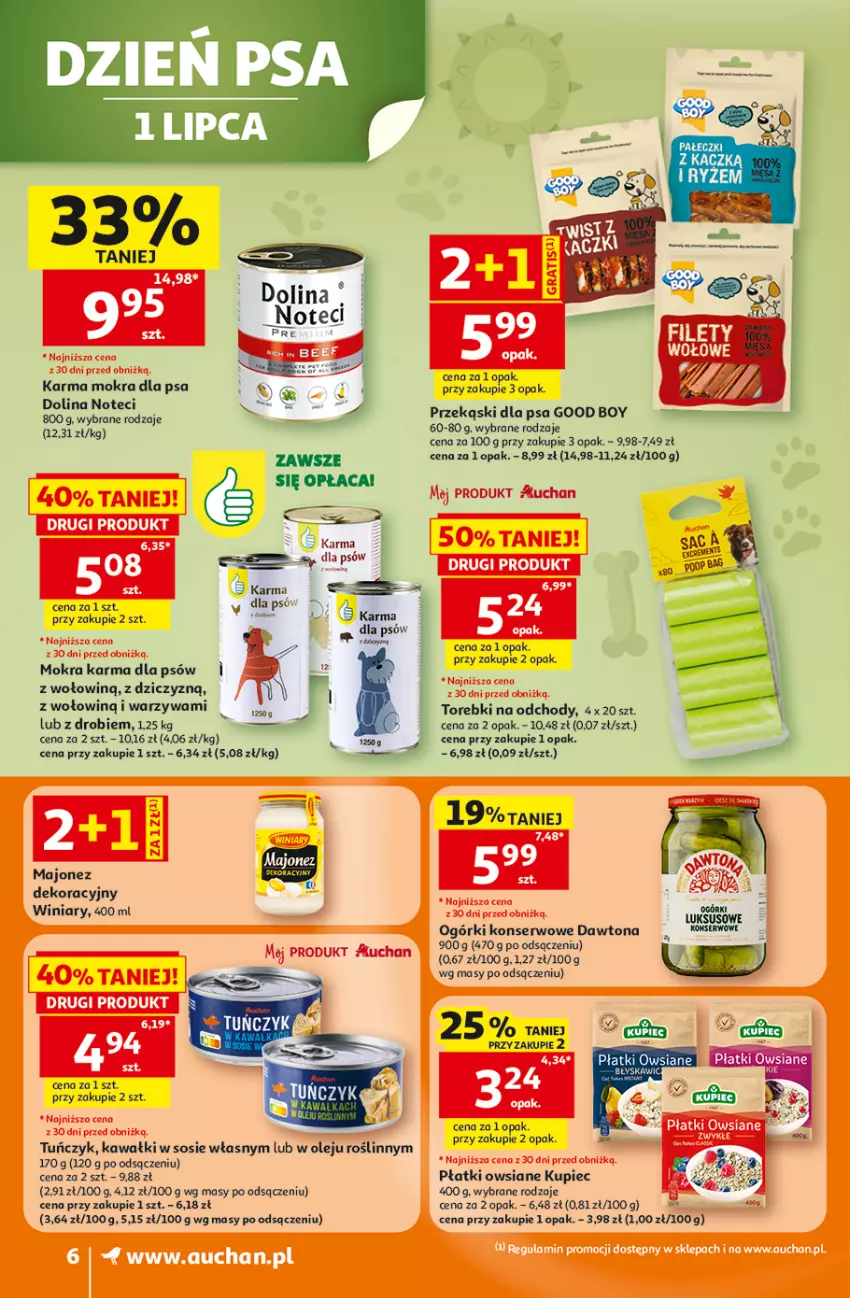 Gazetka promocyjna Auchan - Gazetka 30 Lat Supermarket Auchan - ważna 25.06 do 01.07.2026 - strona 6 - produkty: Dawtona, Kawa, Kupiec, Majonez, Mokra karma, Ogórki konserwowe, Olej, Piec, Płatki owsiane, Przekąski dla psa, Saga, Ser, Sos, Tuńczyk, Warzywa, Winiary