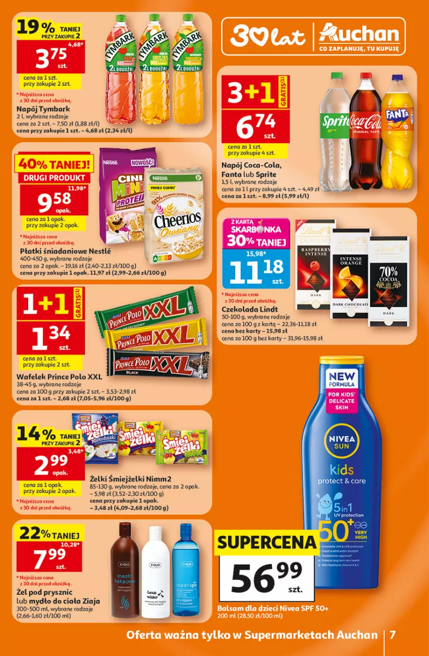 Gazetka promocyjna Auchan - Gazetka 30 Lat Supermarket Auchan - ważna 25.06 do 01.07.2026 - strona 7 - produkty: Coca-Cola, Czekolada, Danio, Fa, Fanta, Lindt, Mydło, Napój, Nimm2, Prince Polo, Sprite, Tymbark, Wafelek, Ziaja