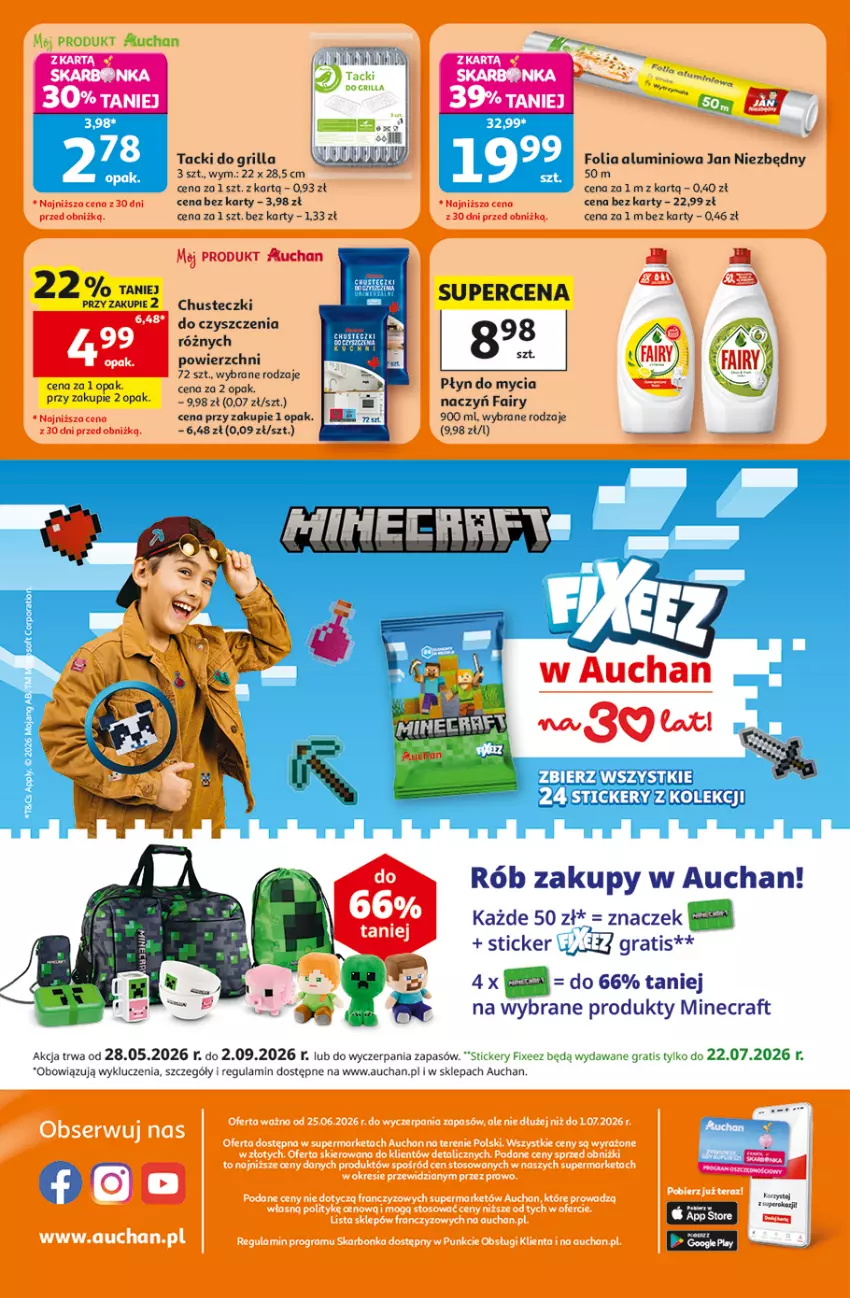 Gazetka promocyjna Auchan - Gazetka 30 Lat Supermarket Auchan - ważna 25.06 do 01.07.2026 - strona 8 - produkty: Chusteczki, Chusteczki do czyszczenia, Do mycia naczyń, Fa, Fairy, Folia aluminiowa, Gra, Grill, Jan Niezbędny, Minecraft, Płyn do mycia, Płyn do mycia naczyń