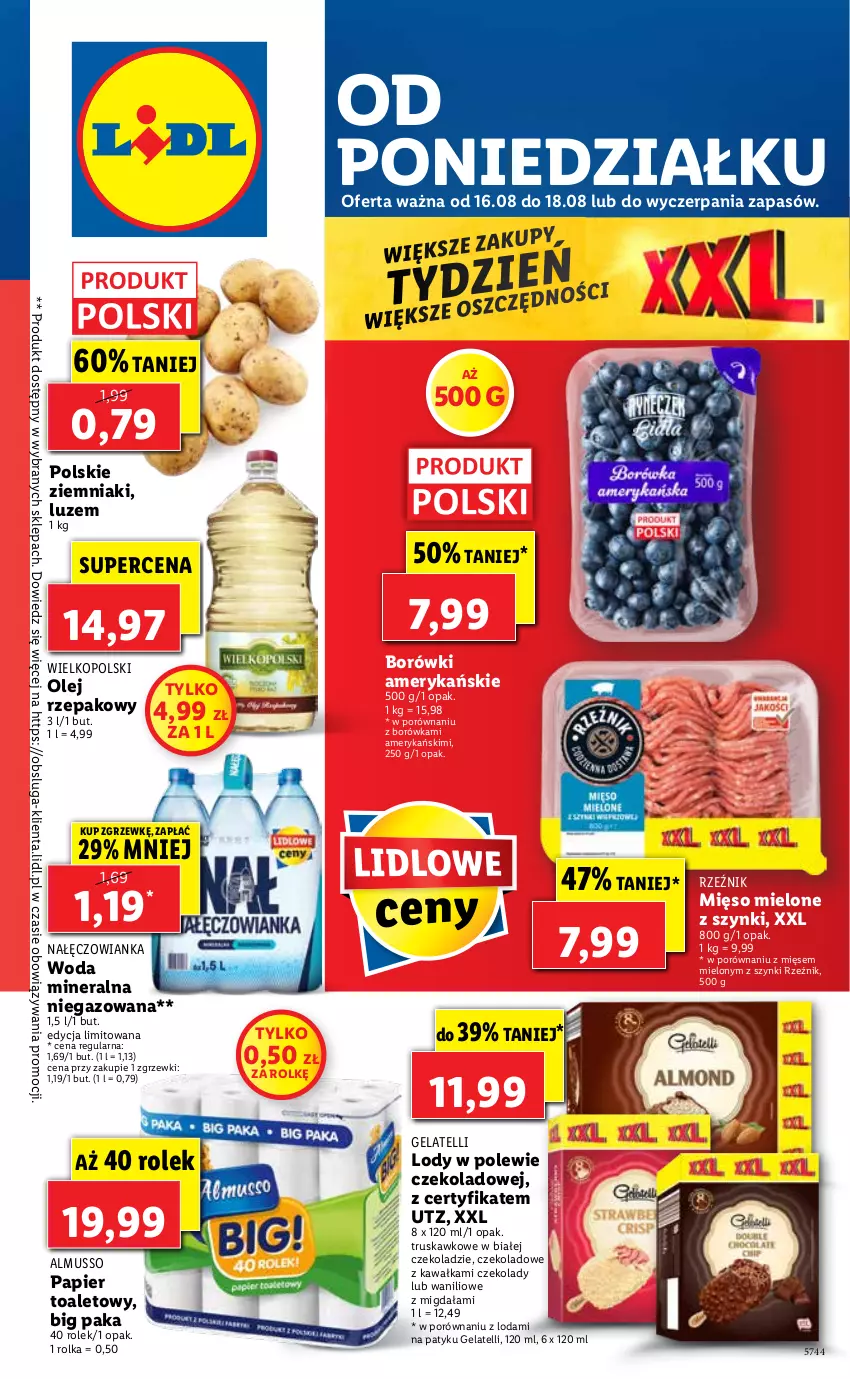 Gazetka promocyjna Lidl - GAZETKA - ważna 16.08 do 18.08.2021 - strona 1 - produkty: Borówka, Kawa, Lody, Mięso, Mięso mielone, Mięso mielone z szynki, Mus, Nałęczowianka, Olej, Olej rzepakowy, Papier, Papier toaletowy, Por, Woda, Woda mineralna, Ziemniaki