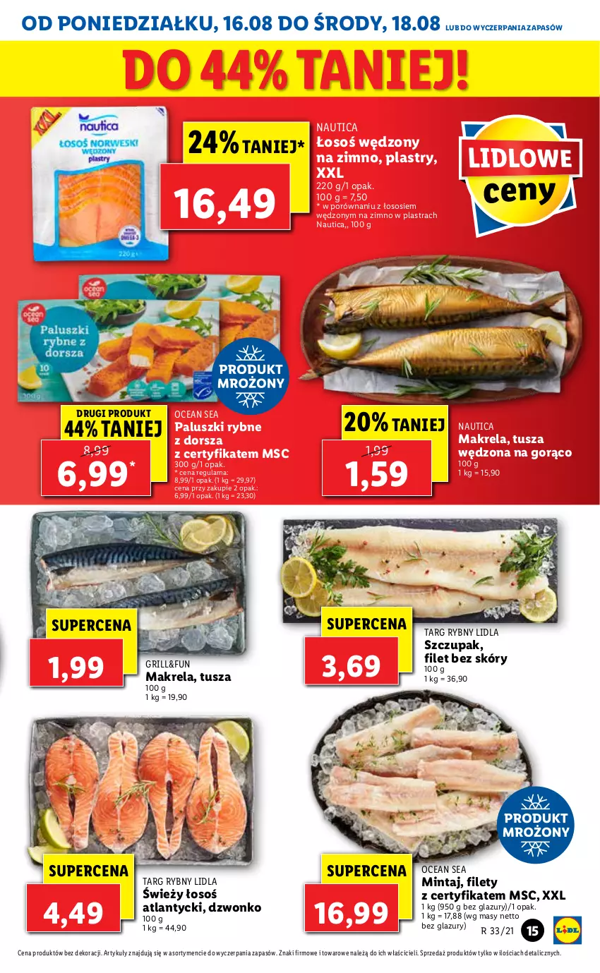 Gazetka promocyjna Lidl - GAZETKA - ważna 16.08 do 18.08.2021 - strona 15 - produkty: Dorsz, Grill, Lazur, Mintaj, Paluszki rybne, Por, Sos, Tusz, Zupa