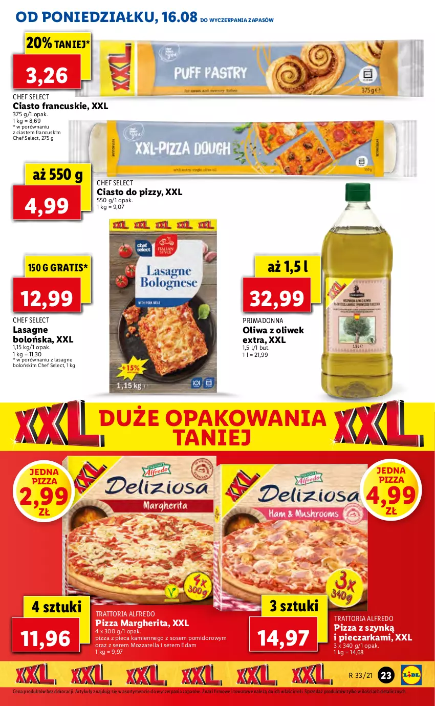 Gazetka promocyjna Lidl - GAZETKA - ważna 16.08 do 18.08.2021 - strona 23 - produkty: Ciasto francuskie, Edam, Gra, Lasagne, Mozzarella, Oliwa z oliwek, Piec, Pieczarka, Pizza, Pizza margherita, Pizza z pieca kamiennego, Por, Prima, Ser, Sos