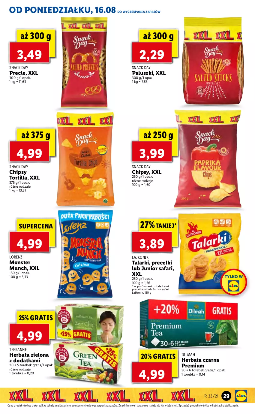 Gazetka promocyjna Lidl - GAZETKA - ważna 16.08 do 18.08.2021 - strona 29 - produkty: Chipsy, Dilmah, Fa, Gra, Herbata, Herbata czarna, Lajkonik, Lorenz, Monster Munch, Por, Precelki, Precle, Teekanne, Torebka, Tortilla