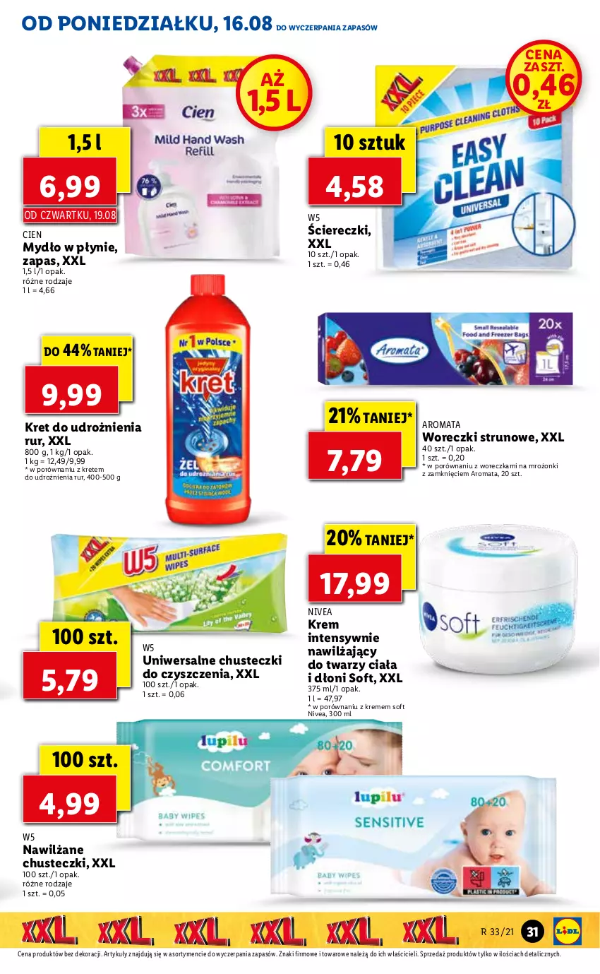 Gazetka promocyjna Lidl - GAZETKA - ważna 16.08 do 18.08.2021 - strona 31 - produkty: Chusteczki, Chusteczki do czyszczenia, Kret, Mydło, Mydło w płynie, Nivea, Por