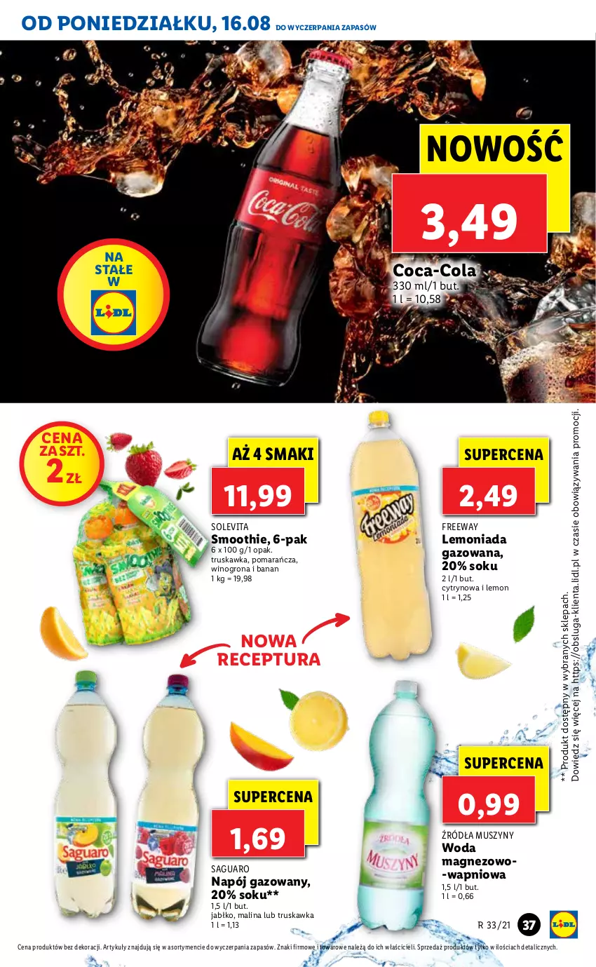 Gazetka promocyjna Lidl - GAZETKA - ważna 16.08 do 18.08.2021 - strona 37 - produkty: Coca-Cola, Lemoniada, Magnez, Mus, Napój, Napój gazowany, Smoothie, Sok, Szyny, Wino, Winogrona, Woda