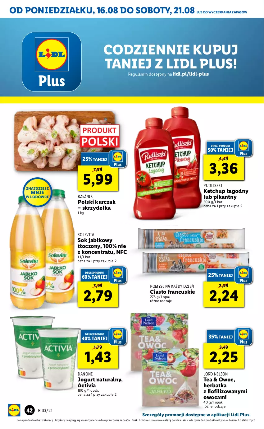 Gazetka promocyjna Lidl - GAZETKA - ważna 16.08 do 18.08.2021 - strona 42 - produkty: Activia, Ciasto francuskie, Danone, Gra, Jogurt, Jogurt naturalny, Ketchup, Kurczak, Pudliszki, Rama, Sok, Sok jabłkowy