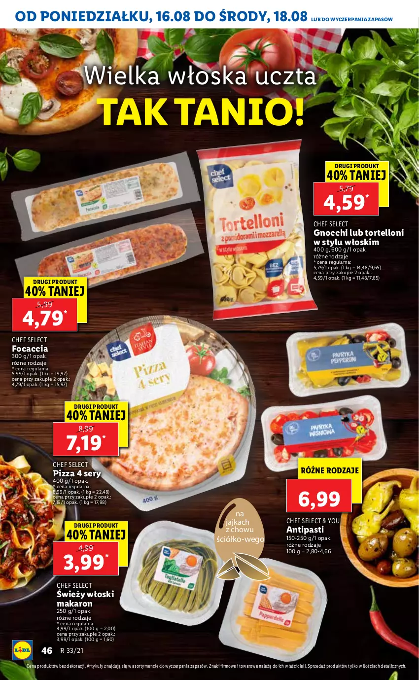 Gazetka promocyjna Lidl - GAZETKA - ważna 16.08 do 18.08.2021 - strona 46 - produkty: Focaccia, Gnocchi, Makaron, Pizza, Ser, Tortelloni