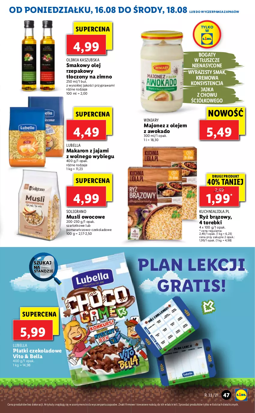 Gazetka promocyjna Lidl - GAZETKA - ważna 16.08 do 18.08.2021 - strona 47 - produkty: Bell, Bella, Gra, Jaja, Kuchnia, Lubella, Majonez, Makaron, Mus, Olej, Olej rzepakowy, Ryż, Sok, Soligrano, Winiary