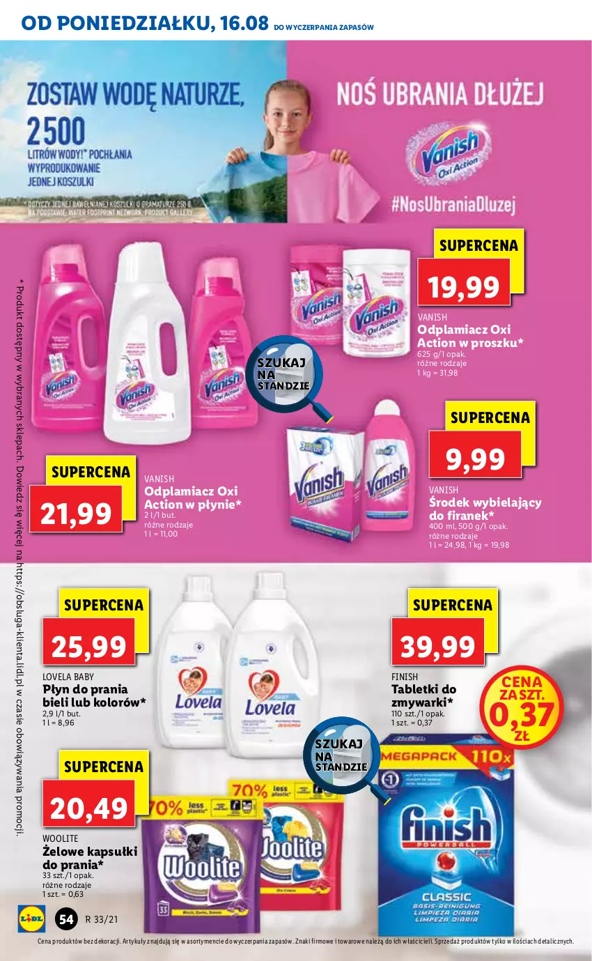 Gazetka promocyjna Lidl - GAZETKA - ważna 16.08 do 18.08.2021 - strona 54 - produkty: Finish, Kapsułki do prania, Lovela, Odplamiacz, Płyn do prania, Tablet, Tabletki do zmywarki, Vanish, Woolite, Zmywarki