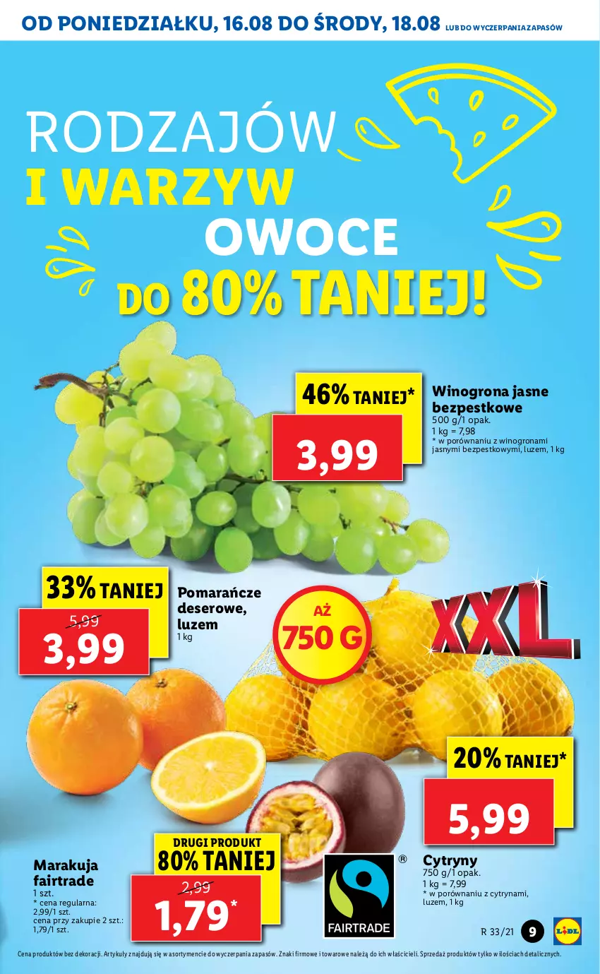 Gazetka promocyjna Lidl - GAZETKA - ważna 16.08 do 18.08.2021 - strona 9 - produkty: Cytryny, Deser, Fa, Owoce, Pomarańcze, Por, Ser, Wino, Winogrona