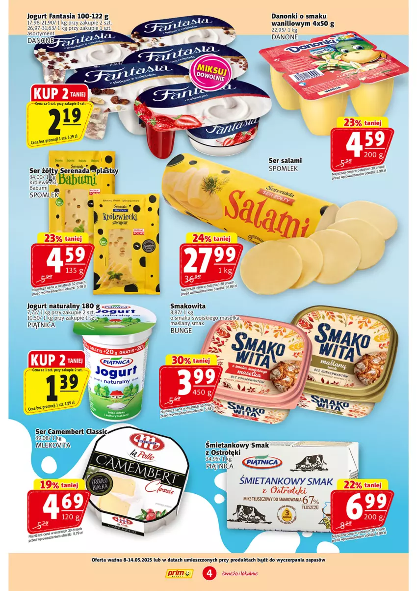 Gazetka promocyjna Prim Market - ważna 02.05 do 07.05.2025 - strona 4 - produkty: Danonki, Fa, Fanta, Jogurt, Jogurt naturalny, Piątnica, Salami, Ser, Ser salami