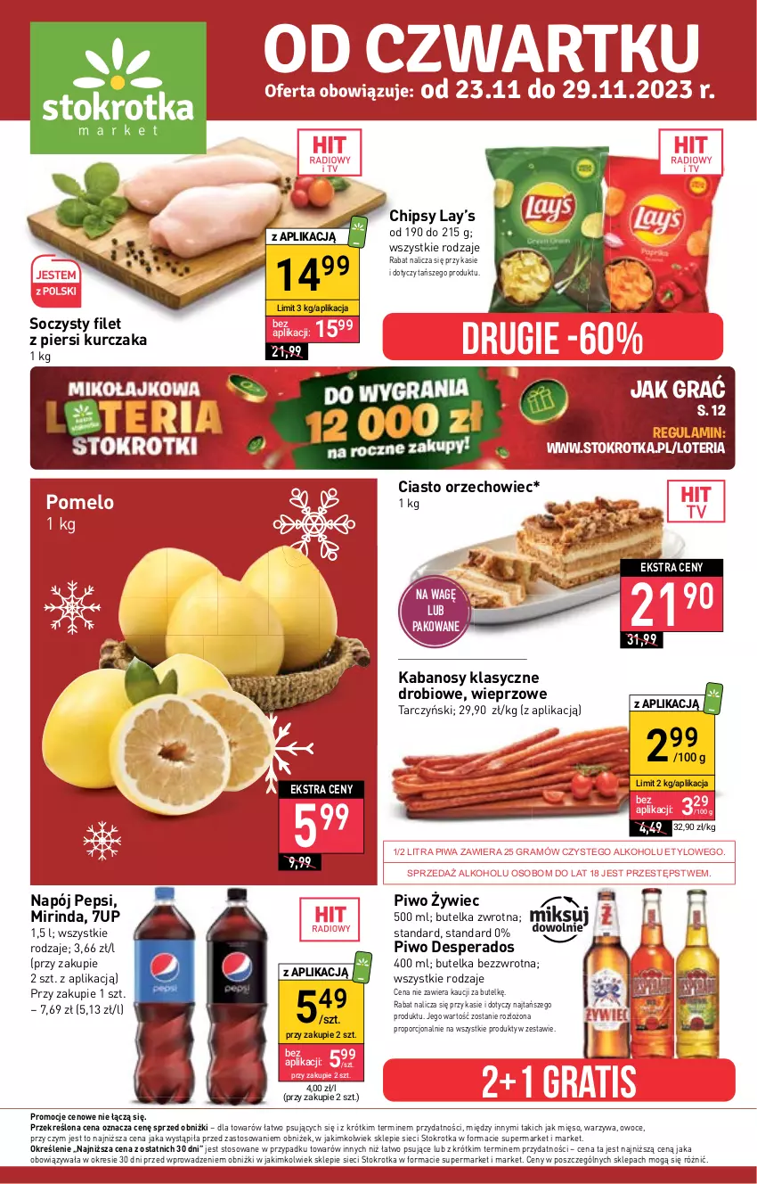 Gazetka promocyjna Stokrotka - Market - ważna 23.11 do 29.11.2023 - strona 1 - produkty: 7up, Chipsy, Desperados, Filet z piersi kurczaka, Gra, Kabanos, Kurczak, Lay’s, Mięso, Mirinda, Napój, Owoce, Pepsi, Piwa, Piwo, Pomelo, Por, Tarczyński, Warzywa