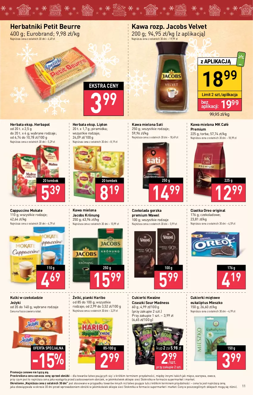 Gazetka promocyjna Stokrotka - Market - ważna 23.11 do 29.11.2023 - strona 12 - produkty: Cappuccino, Ciastka, Cukier, Cukierki, Czekolada, Czekolada gorzka, Gin, Haribo, Herbapol, Herbata, Herbatniki, Herbatniki Petit Beurre, Jacobs, Jacobs Krönung, Jacobs Velvet, Jeżyki, Kawa, Kawa mielona, Lipton, Mięso, Oreo, Owoce, Sati, Torba, Velvet, Warzywa, Wawel