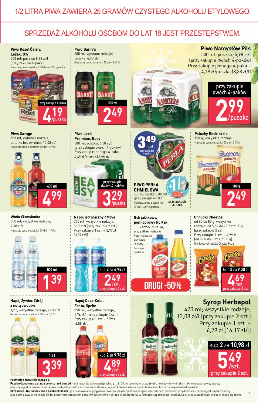 Gazetka promocyjna Stokrotka - Market - ważna 23.11 do 29.11.2023 - strona 14 - produkty: Beskidzki, Cheetos, Chrupki, Cisowianka, Coca-Cola, Fa, Fanta, Gra, Herbapol, Hortex, Kozel, Lech Premium, Mięso, Namysłów, Napój, Napój izotoniczny, Owoce, Perła, Piwa, Piwo, Pizza, Sok, Sok jabłkowy, Sprite, Syrop, Warzywa, Woda