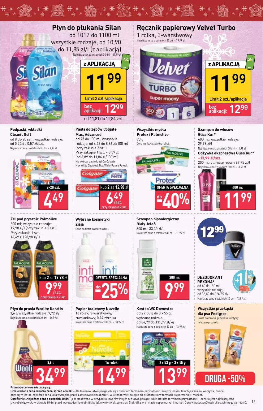 Gazetka promocyjna Stokrotka - Market - ważna 23.11 do 29.11.2023 - strona 16 - produkty: Biały Jeleń, Cleanic, Colgate, Domestos, Gliss Kur, LG, Mięso, Odżywka, Owoce, Palmolive, Papier, Papier toaletowy, Pasta do zębów, Pedigree, Płyn do płukania, Płyn do prania, Podpaski, Przekąski dla psa, Pur, Ręcznik, Rum, Silan, Szampon, Velvet, Warzywa, Wkładki, Woolite, Ziaja