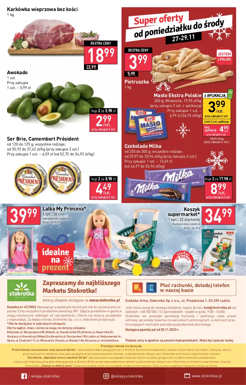 Gazetka promocyjna Stokrotka - Market - ważna 23.11 do 29.11.2023 - strona 17 - produkty: Brie, Camembert, Czekolada, Dres, JBL, Karkówka wieprzowa, Karp, Kosz, Lalka, Masło, Mięso, Milka, Mleko, Mlekovita, O nas, Owoce, Pietruszka, Président, Ser, Szal, Telefon, Wagi, Warzywa, Wilson