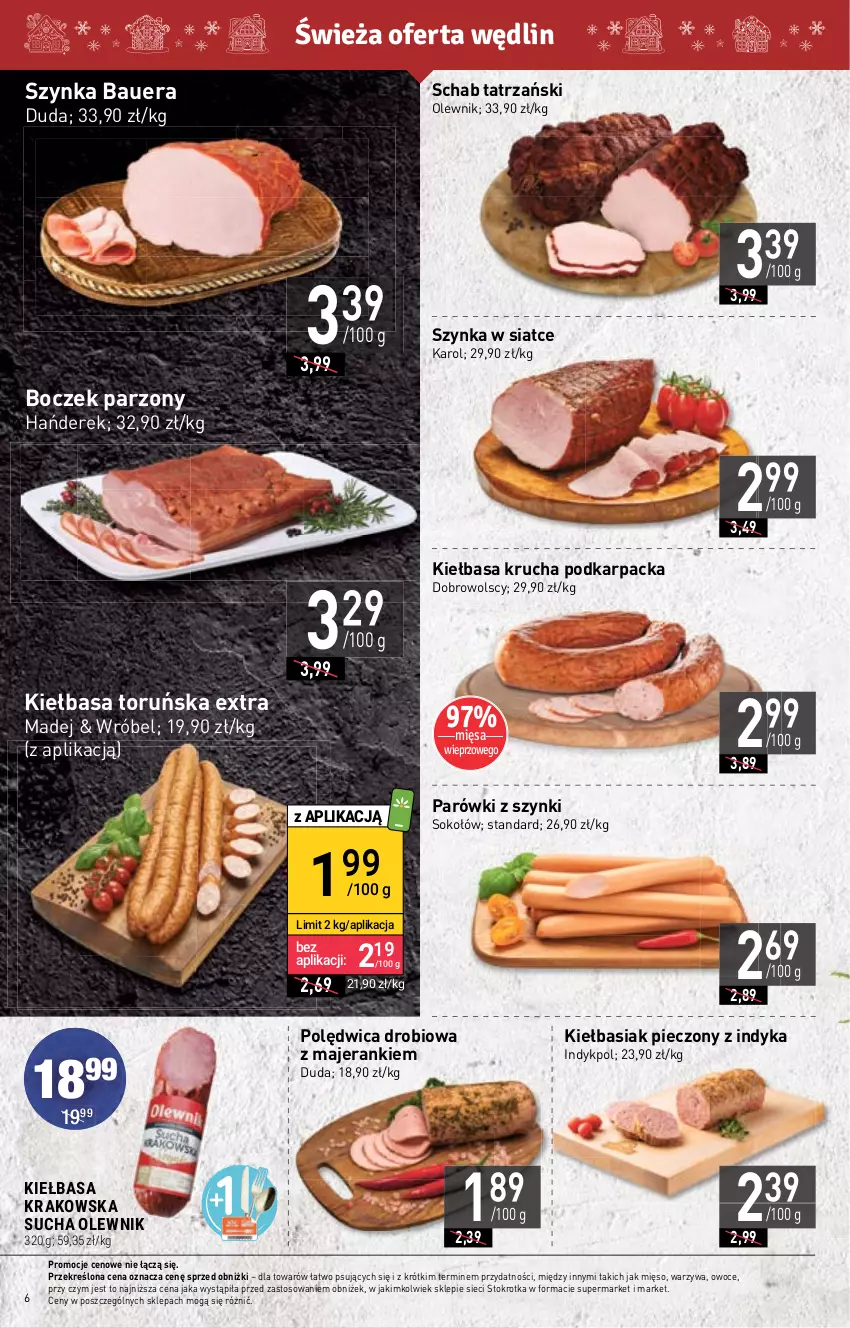 Gazetka promocyjna Stokrotka - Market - ważna 23.11 do 29.11.2023 - strona 8 - produkty: Basia, Boczek, Duda, Karp, Kiełbasa, Kiełbasa krakowska, Kiełbasa krucha, Mięso, Olewnik, Owoce, Parówki, Parówki z szynki, Piec, Polędwica, Sok, Sokołów, Szynka, Warzywa