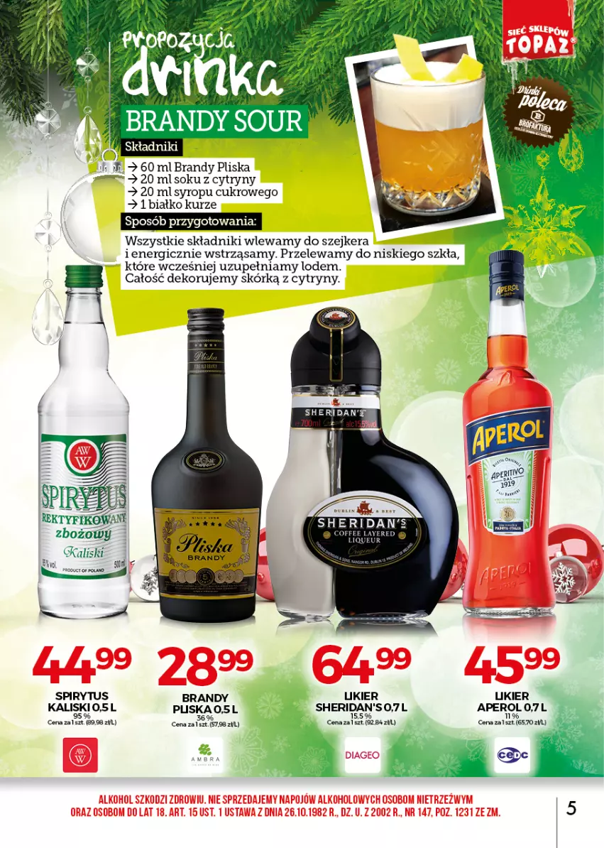 Gazetka promocyjna Topaz - Gazetka - ważna 01.12 do 31.12.2021 - strona 5 - produkty: Aperol, Brandy, Cytryny, Likier, Pliska, Sheridan's, Sok, Syrop, Szejker