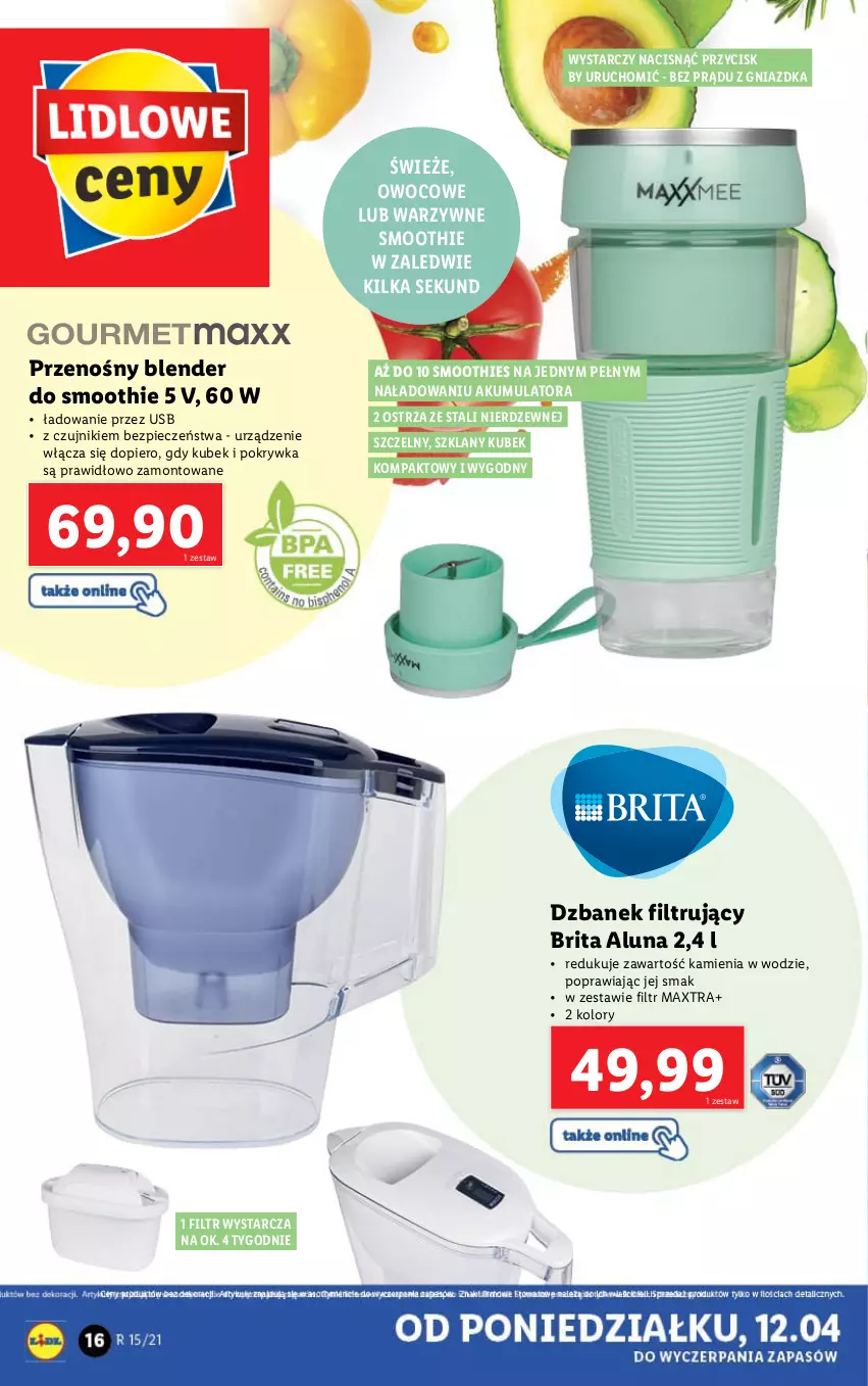 Gazetka promocyjna Lidl - GAZETKA - ważna 12.04 do 17.04.2021 - strona 16 - produkty: Akumulator, Blender, Brit, Brita, Dzbanek, Dzbanek filtrujący, Kubek, Piec, Smoothie