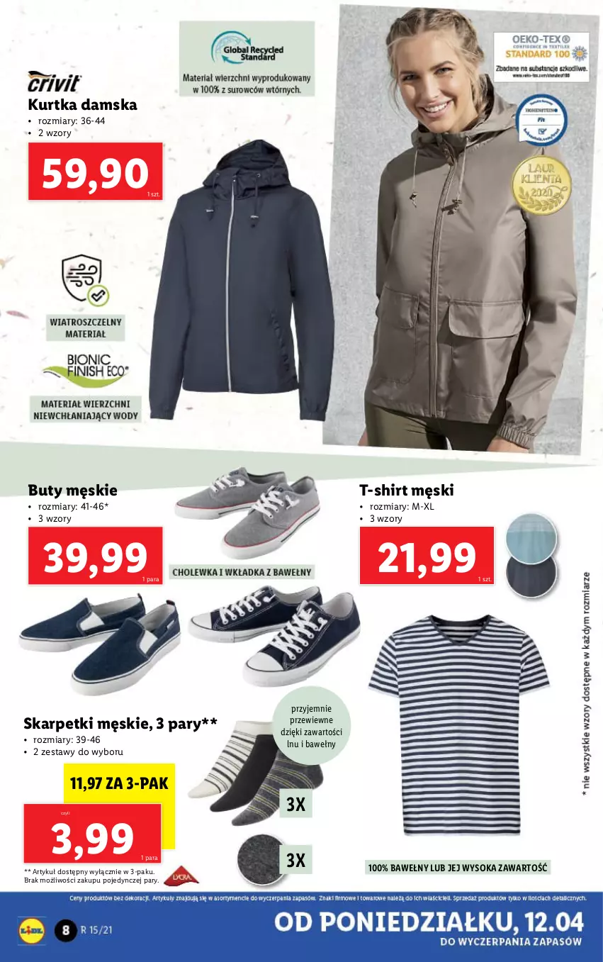 Gazetka promocyjna Lidl - GAZETKA - ważna 12.04 do 17.04.2021 - strona 8 - produkty: Buty, Karp, Kurtka, Skarpetki, Sok, T-shirt