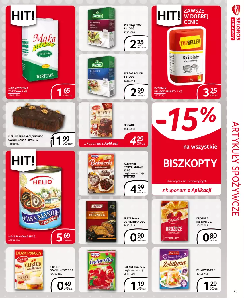 Gazetka promocyjna Selgros - Extra Oferta - ważna 01.12 do 31.12.2021 - strona 23 - produkty: Artykuły spożywcze, Babeczki, Biszkopty, Brownie, Cukier, Cukier wanilinowy, Drożdże, Gala, Galaretka, Mąka, Mąka pszenna, Piernik, Ryż, Ryż biały, Ryż parboiled, Wieniec