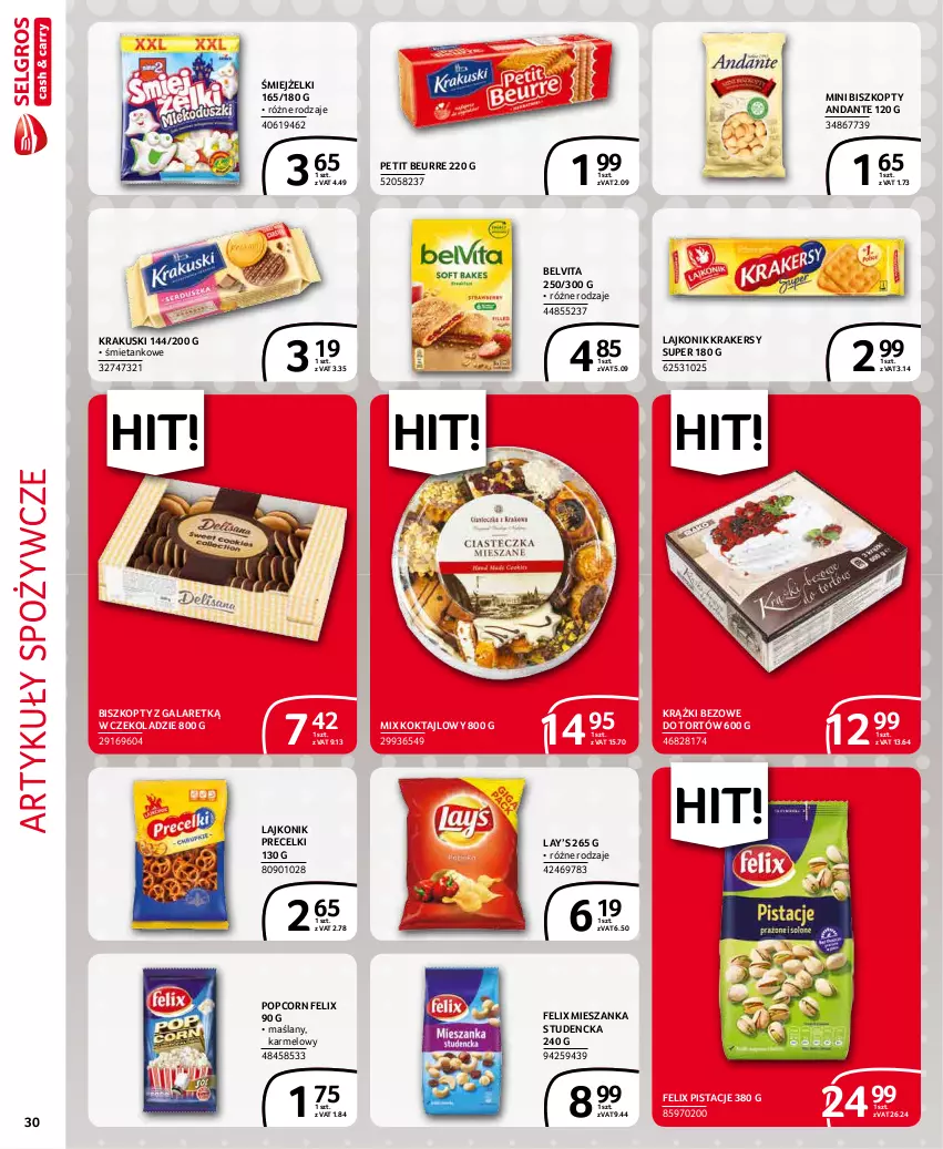 Gazetka promocyjna Selgros - Extra Oferta - ważna 01.12 do 31.12.2021 - strona 30 - produkty: Artykuły spożywcze, BelVita, Biszkopty, Felix, Gala, Krakersy, Krakus, Krakuski, Lajkonik, Lay’s, Mieszanka studencka, Pistacje, Popcorn, Precelki