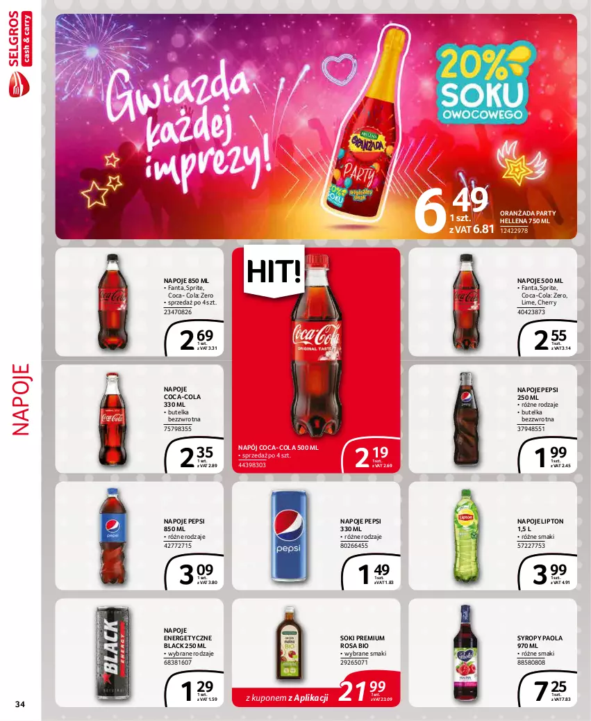 Gazetka promocyjna Selgros - Extra Oferta - ważna 01.12 do 31.12.2021 - strona 34 - produkty: Coca-Cola, Fa, Fanta, Hellena, Lack, Lipton, Napój, Napoje, Oranżada, Paola, Pepsi, Sok, Sprite, Syrop, Syropy