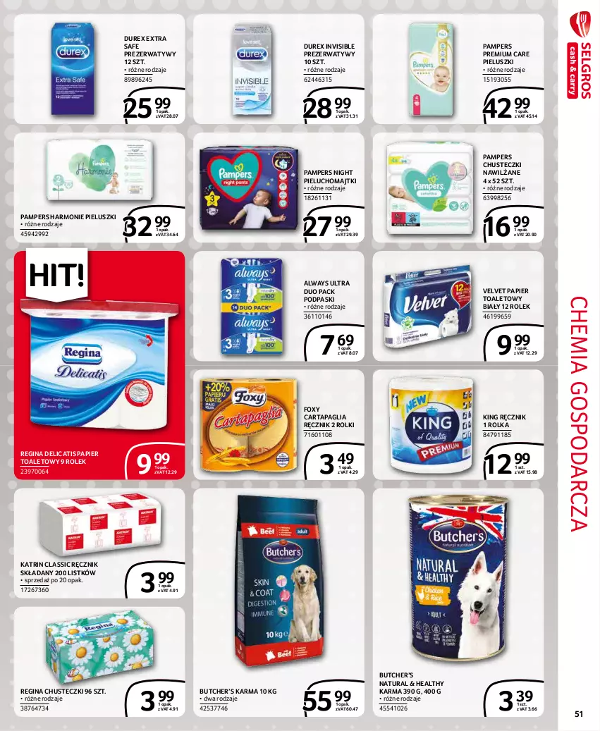 Gazetka promocyjna Selgros - Extra Oferta - ważna 01.12 do 31.12.2021 - strona 51 - produkty: Always, Always Ultra, Chusteczki, Durex, Foxy, Gin, Majtki, Pampers, Papier, Papier toaletowy, Pieluchomajtki, Podpaski, Prezerwatyw, Ręcznik, Rolki, Velvet