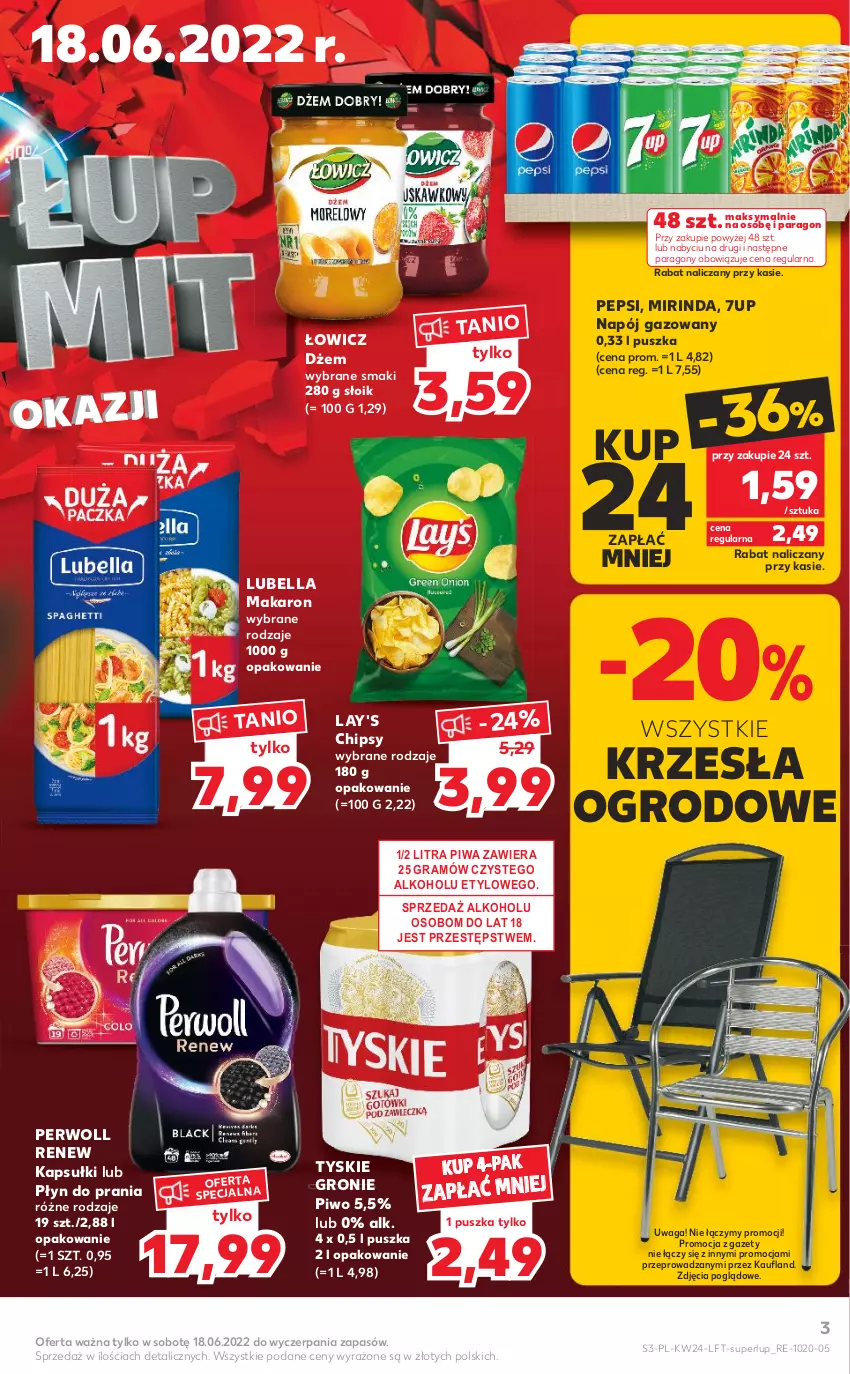 Gazetka promocyjna Kaufland - OFERTA TYGODNIA - ważna 15.06 do 22.06.2022 - strona 3 - produkty: 7up, Bell, Bella, Chipsy, Dżem, Gra, Lubella, Makaron, Mirinda, Napój, Napój gazowany, Pepsi, Perwoll, Piwa, Piwo, Płyn do prania, Tyskie, Waga