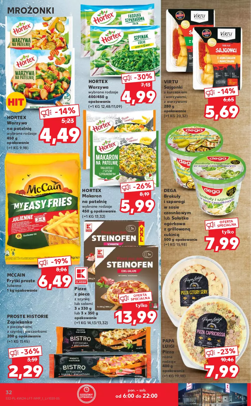 Gazetka promocyjna Kaufland - OFERTA TYGODNIA - ważna 15.06 do 22.06.2022 - strona 32 - produkty: Brokuły, Dega, Frytki, Grill, Hortex, Kurczak, Makaron, McCain, Piec, Pieczarka, Pizza, Sajgonki, Salami, Sałat, Sałatka, Sałatka ogórkowa, Sos, Virtu, Warzywa, Zapiekanka