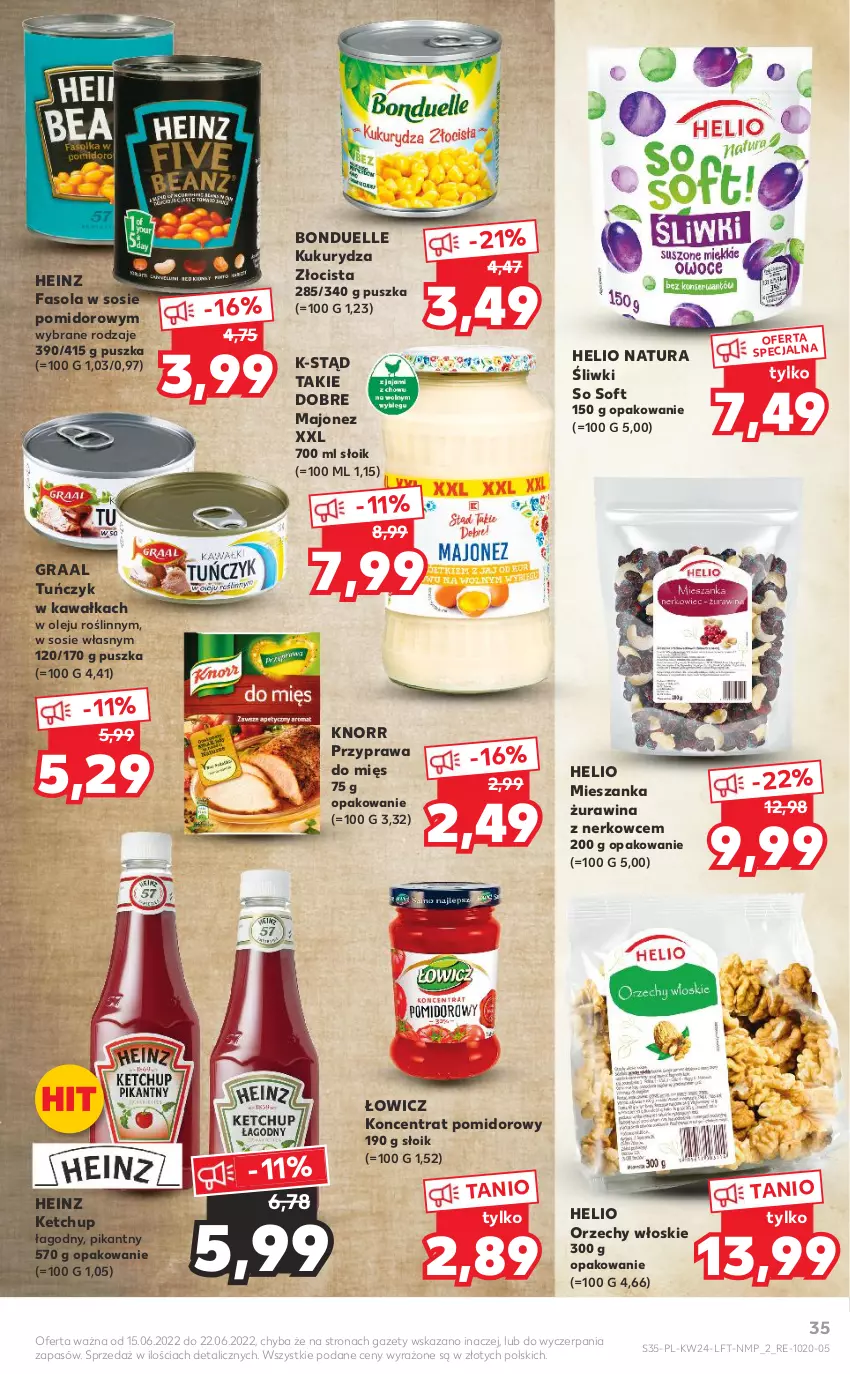 Gazetka promocyjna Kaufland - OFERTA TYGODNIA - ważna 15.06 do 22.06.2022 - strona 35 - produkty: Bonduelle, Fa, Fasola, Gra, Graal, Heinz, Helio, Kawa, Ketchup, Knorr, Koncentrat pomidorowy, Kukurydza, Majonez, Olej, Orzechy włoskie, Sos, Tuńczyk