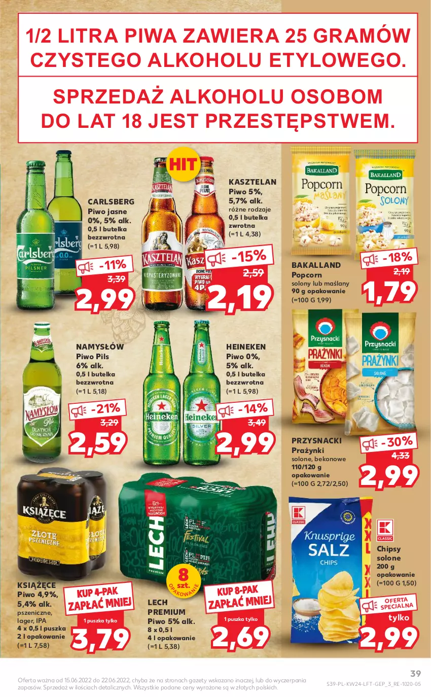 Gazetka promocyjna Kaufland - OFERTA TYGODNIA - ważna 15.06 do 22.06.2022 - strona 39 - produkty: Bakalland, Beko, Carlsberg, Chipsy, Gra, Heineken, Kasztelan, Książęce, Lech Premium, Namysłów, Piwa, Piwo, Piwo jasne, Popcorn, Przysnacki