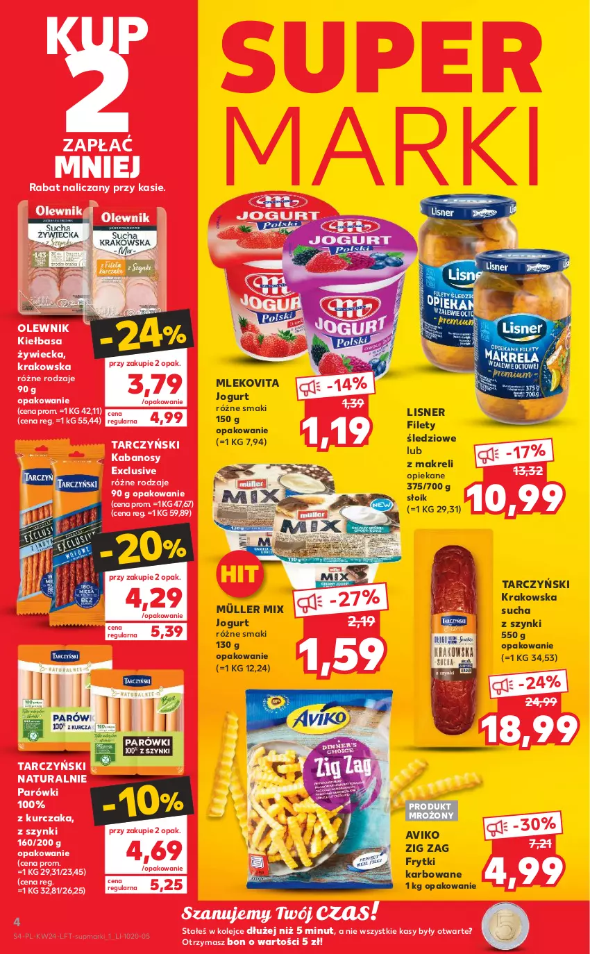 Gazetka promocyjna Kaufland - OFERTA TYGODNIA - ważna 15.06 do 22.06.2022 - strona 4 - produkty: Frytki, Jogurt, Kabanos, Kiełbasa, Kurczak, Lisner, Mleko, Mlekovita, Müller, Müller Mix, Olej, Olewnik, Parówki, Tarczyński