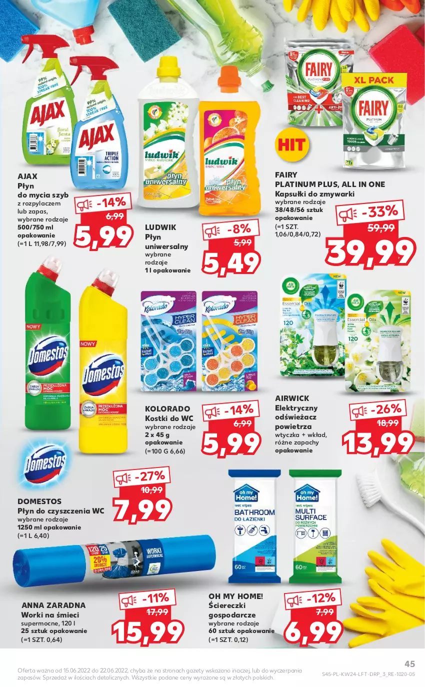 Gazetka promocyjna Kaufland - OFERTA TYGODNIA - ważna 15.06 do 22.06.2022 - strona 45 - produkty: Ajax, Domestos, Fa, Fairy, Kolorado, Ludwik, Odświeżacz powietrza, Płyn do czyszczenia wc, Płyn do mycia, Worki na śmiec, Worki na śmieci, Zmywarki