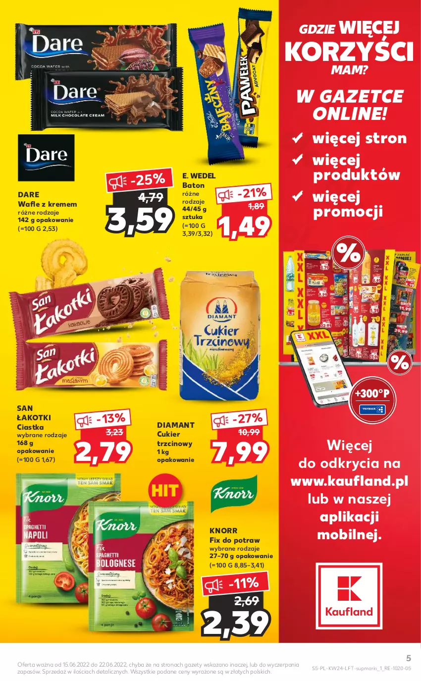 Gazetka promocyjna Kaufland - OFERTA TYGODNIA - ważna 15.06 do 22.06.2022 - strona 5 - produkty: Baton, Ciastka, Cukier, Cukier trzcinowy, Diamant, E. Wedel, Knorr, Mobil, Wafle