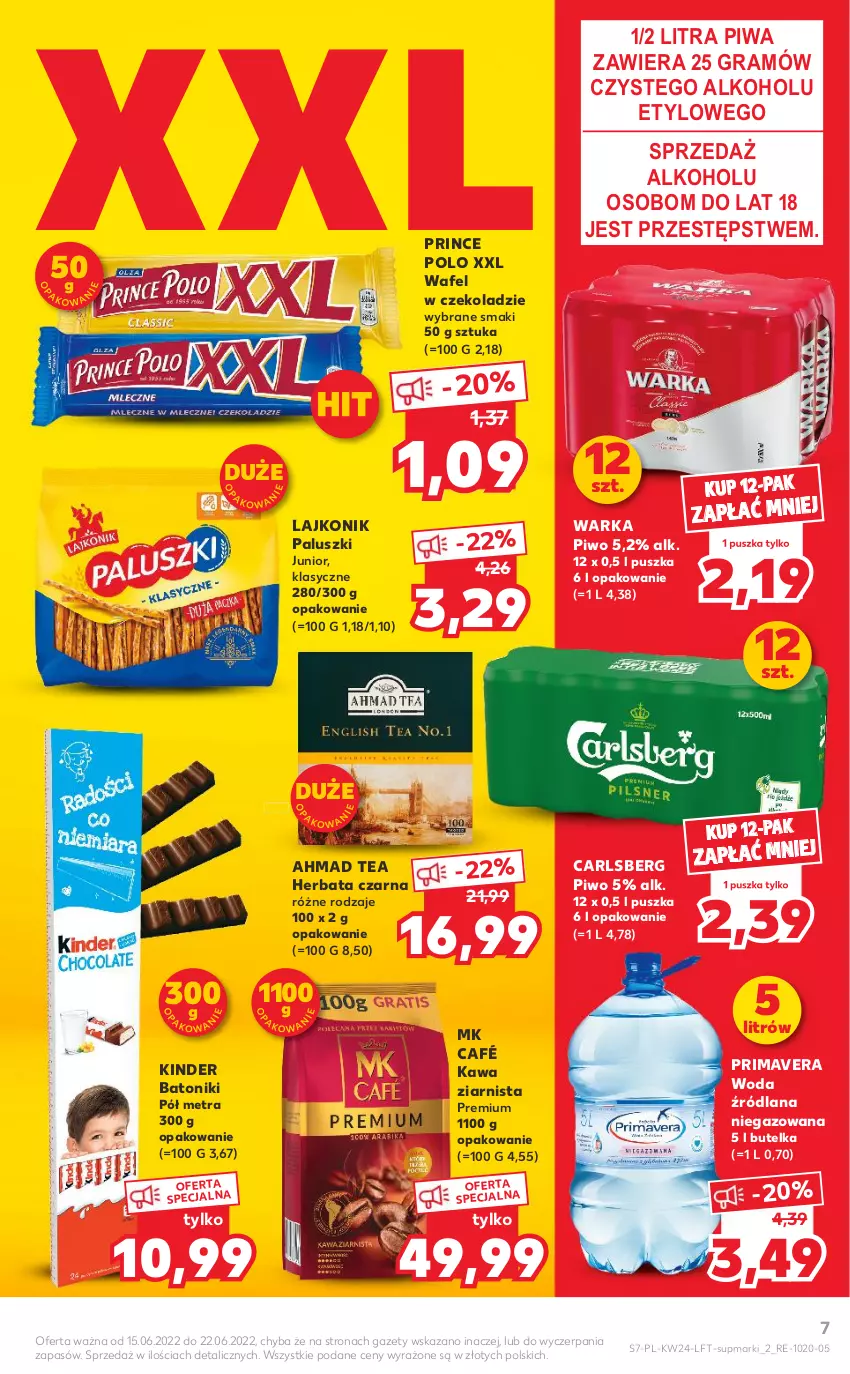 Gazetka promocyjna Kaufland - OFERTA TYGODNIA - ważna 15.06 do 22.06.2022 - strona 7 - produkty: Baton, Carlsberg, Gra, Herbata, Herbata czarna, Kawa, Kawa ziarnista, Kinder, Lajkonik, LANA, Piwa, Piwo, Prima, Primavera, Prince Polo, Tonik, Warka, Woda