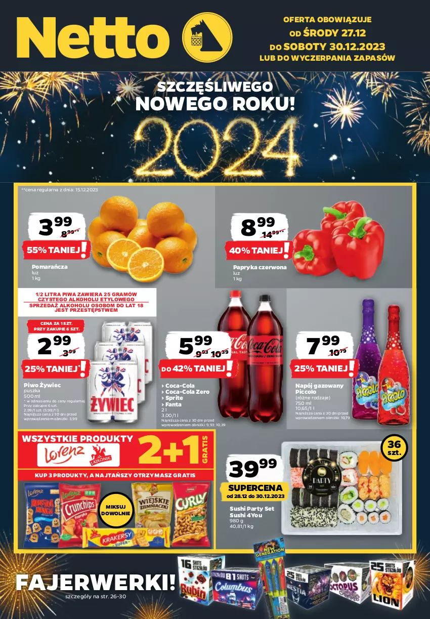 Gazetka promocyjna Netto - Artykuły spożywcze - ważna 27.12 do 30.12.2023 - strona 1 - produkty: Coca-Cola, Fa, Fanta, Gra, Napój, Napój gazowany, Papryka, Papryka czerwona, Piwa, Piwo, Sprite, Sushi