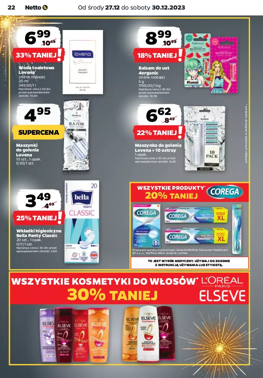 Gazetka promocyjna Netto - Artykuły spożywcze - ważna 27.12 do 30.12.2023 - strona 22 - produkty: Balsam do ust, Bell, Bella, Maszynka, Maszynka do golenia, Szynka, Wkładki, Woda, Woda toaletowa