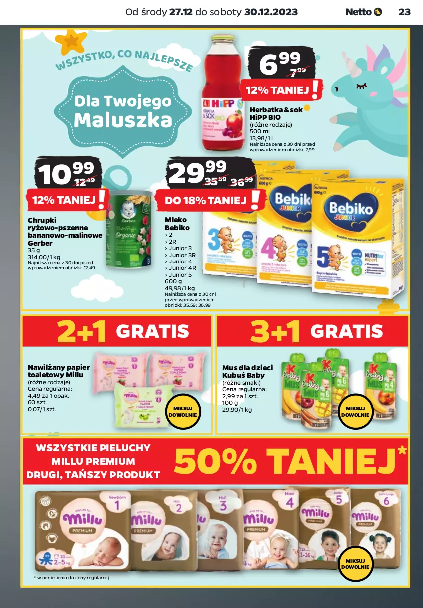 Gazetka promocyjna Netto - Artykuły spożywcze - ważna 27.12 do 30.12.2023 - strona 23 - produkty: Bebiko, Chrupki, Dzieci, Gerber, Gra, HiPP, Hipp Bio, Kubuś, Mleko, Mus, Nawilżany papier, Papier, Papier toaletowy, Pieluchy, Ryż, Sok