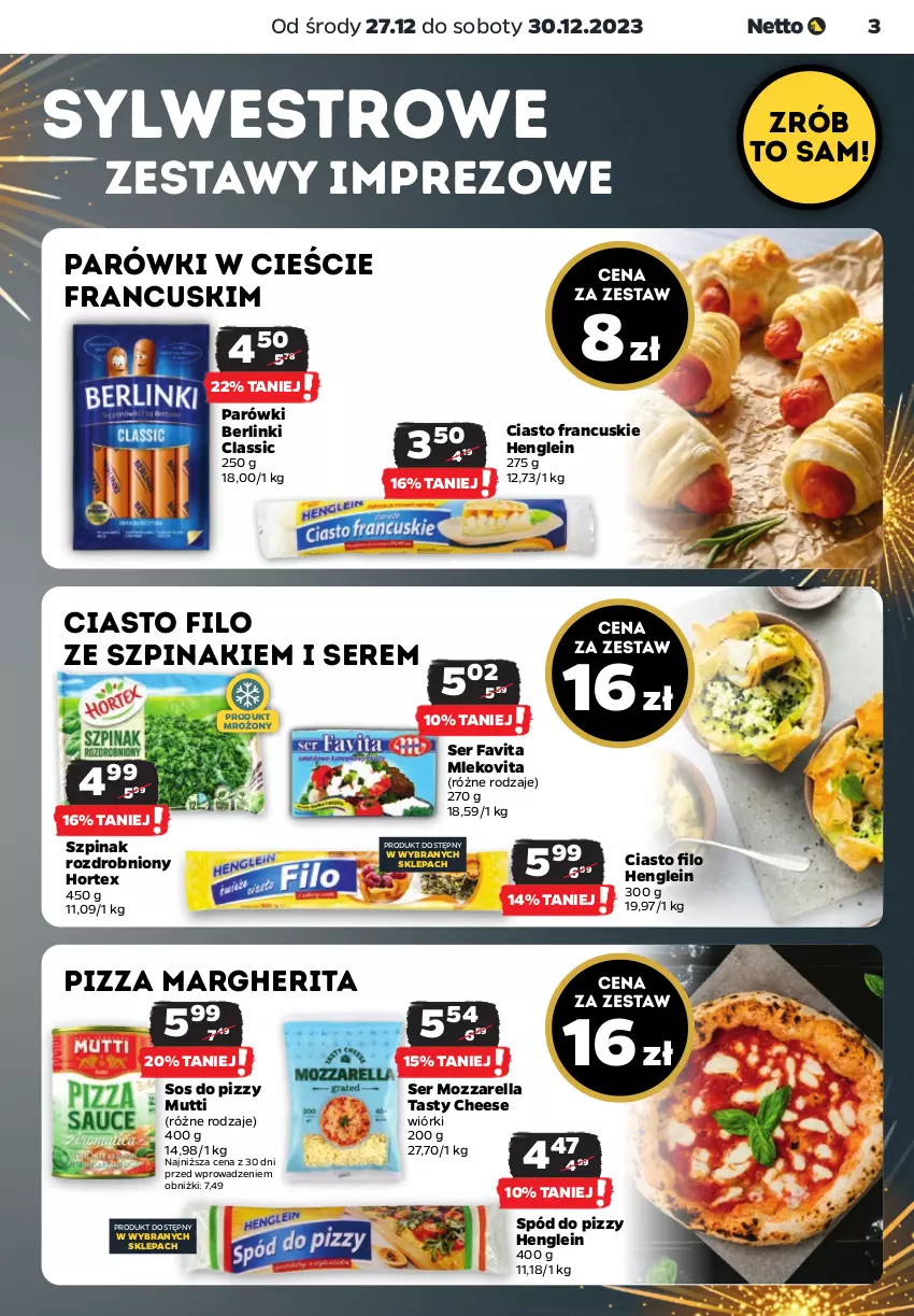 Gazetka promocyjna Netto - Artykuły spożywcze - ważna 27.12 do 30.12.2023 - strona 3 - produkty: Berlinki, Ciasto francuskie, Fa, Favita, Hortex, Mleko, Mlekovita, Mozzarella, Parówki, Pizza, Pizza margherita, Ser, Sos, Sos do pizzy, Spód do pizzy, Szpinak