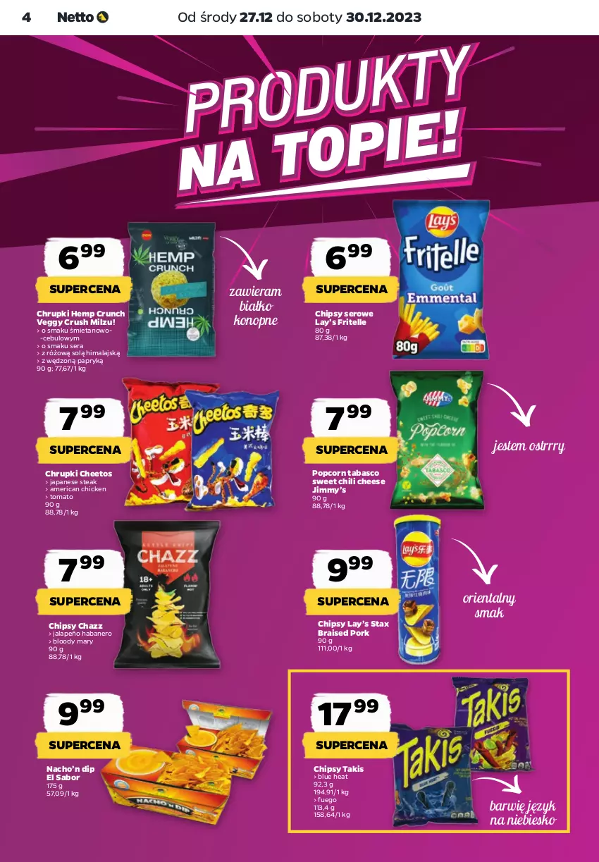 Gazetka promocyjna Netto - Artykuły spożywcze - ważna 27.12 do 30.12.2023 - strona 4 - produkty: Cheetos, Chipsy, Chrupki, Lay’s, Milzu, Popcorn, Por, Ser