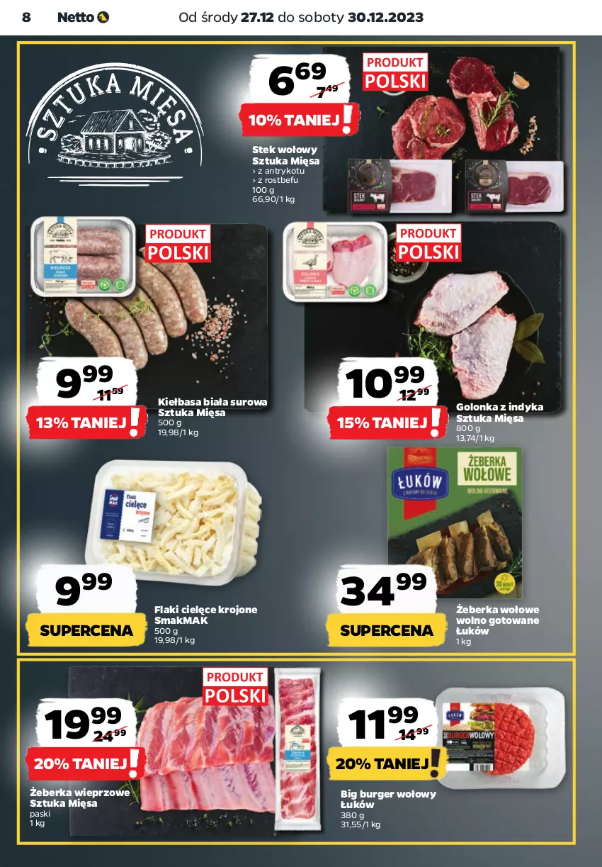 Gazetka promocyjna Netto - Artykuły spożywcze - ważna 27.12 do 30.12.2023 - strona 8 - produkty: Burger, Flaki, Golonka z indyka, Kiełbasa, Kiełbasa biała, Rostbef, Stek, Stek wołowy