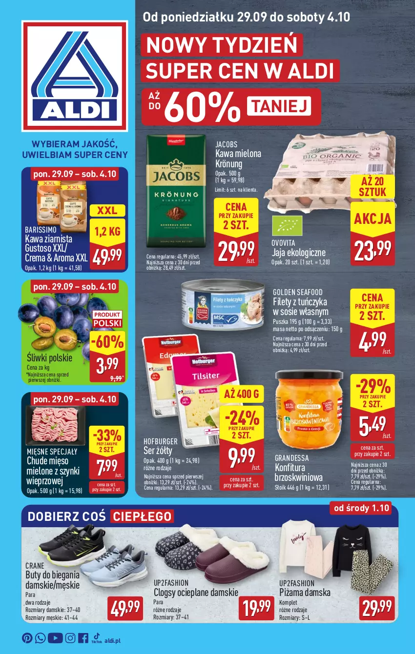 Gazetka promocyjna Aldi - Pełna oferta - ważna 29.09 do 04.10.2025 - strona 1 - produkty: Burger, Buty, Clogsy, Fa, Golden Seafood, Gra, Hofburger, Jacobs, Jaja, Kawa, Kawa mielona, Kawa ziarnista, Konfitura, Mięsne specjały, Mięso, Mięso mielone, Mięso mielone z szynki, Piżama, Ser, Sos, Tuńczyk